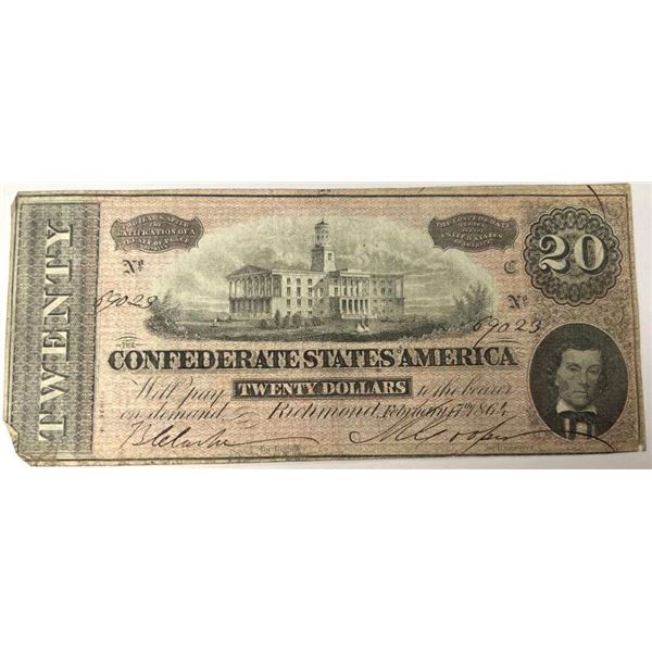 1864 Confederate States Of America $20 Richmond Note