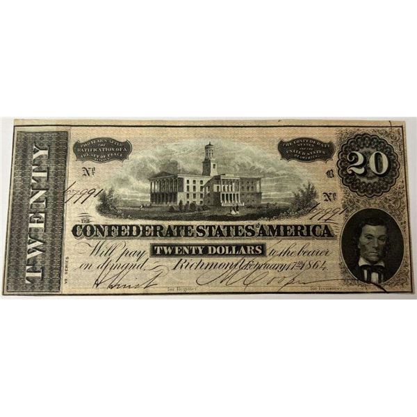 1864 Confederate States Of America $20 Richmond Note
