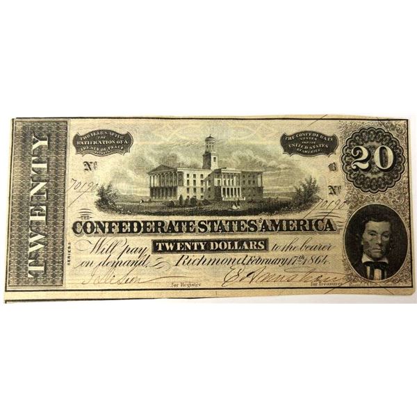 1864 Confederate States Of America $20 Richmond Note