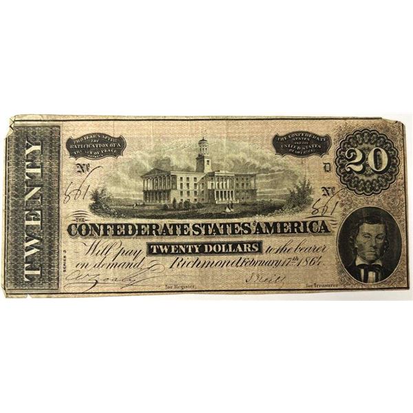 1864 Confederate States Of America $20 Richmond Note