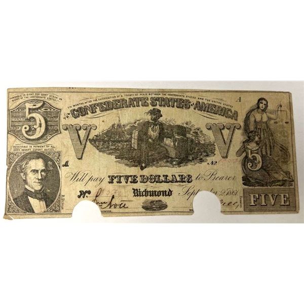 1861 Confederate States Of America $5 Richmond Note