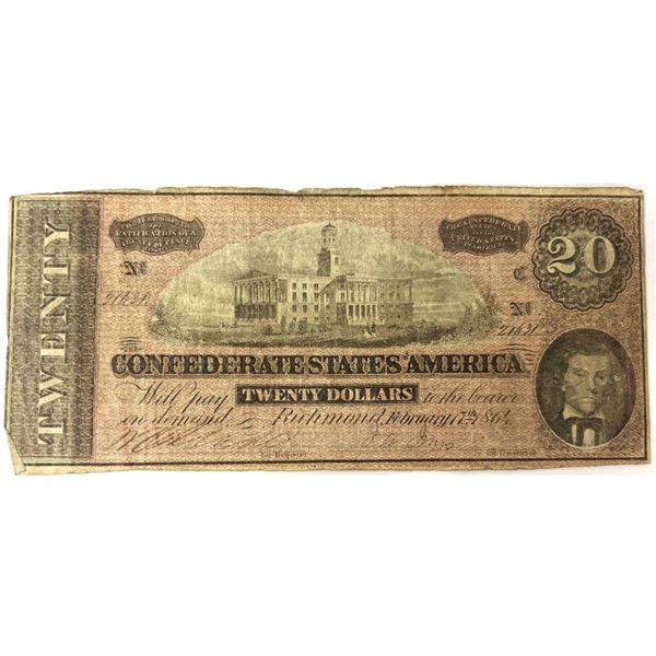 1864 Confederate States Of America $20 Richmond Note