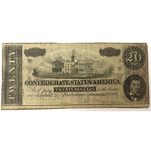 1864 Confederate States Of America $20 Richmond Note