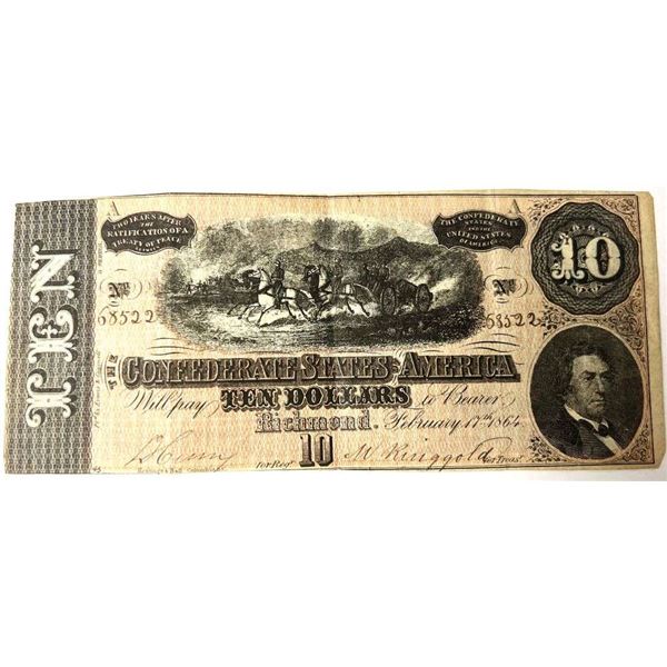 1864 Confederate States Of America $10 Richmond Note