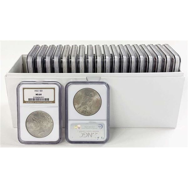 Box (20-coins) Common Date Peace Silver Dollars NGC MS64