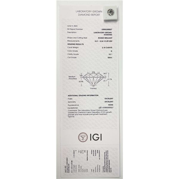 Last Minute! White Certified 2.18 Carat Round Diamond "G" Color, "VS1" Clarity IGI