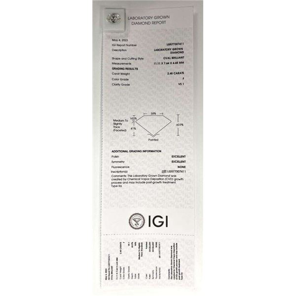 Last Minute! White Certified 2.48 Carat Oval Diamond "F" Color, "VS1" Clarity IGI