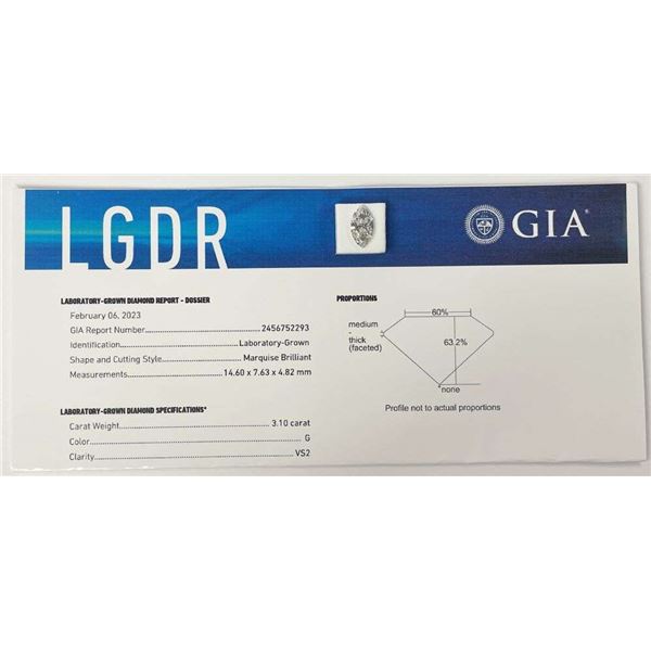 Last Minute! White Certified 3.10 Carat Marquise Diamond "G" Color, "VS2" Clarity GIA