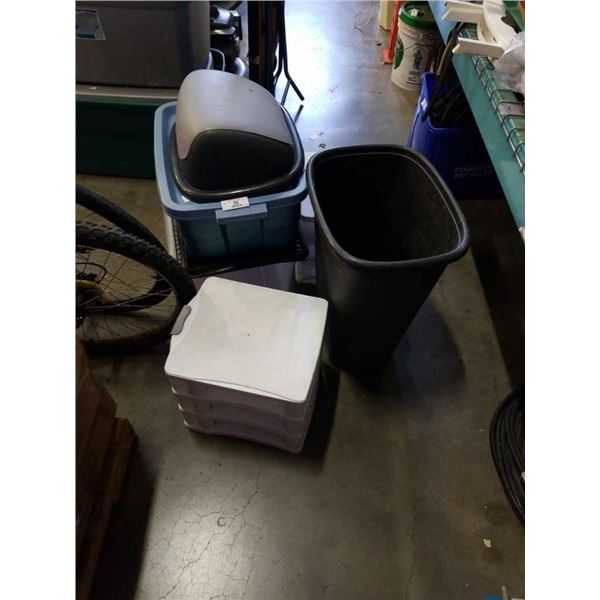 RUBBERMAID TRASH BIN WITH 2 ORGANIZERS, 2 TOTES AND DOOR MATS
