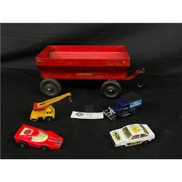 Vintage  Massey Harris  Tinplate Farm Trailer & 4 Vintage Matchbox Diecast Cars