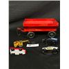 Image 2 : Vintage "Massey Harris" Tinplate Farm Trailer & 4 Vintage Matchbox Diecast Cars