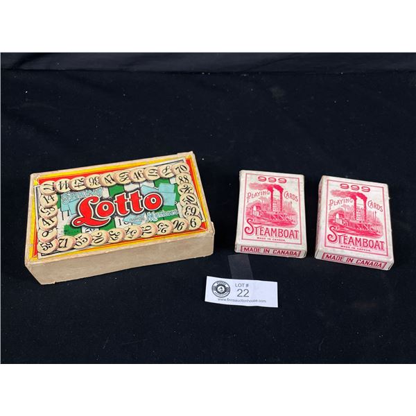 Early 1900's Lotto Game (All Original) & 2 Packs Of Vintage Steamboat Playing Cards