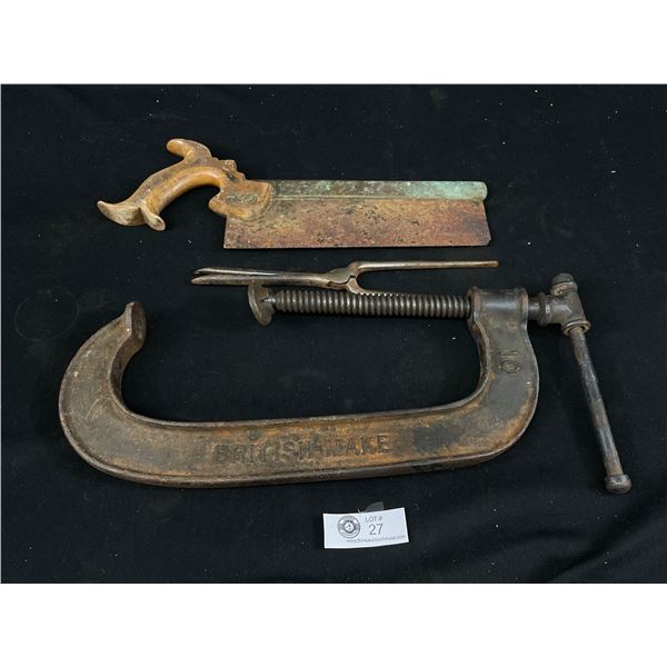 Large English Vintage 10 C Clamp & Antique Saw Wood, Steel & Brass 1920's