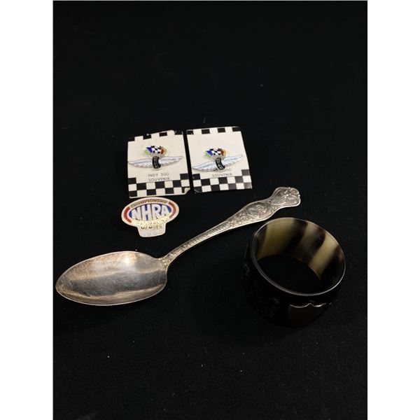 George Washington Spoon (1930's) Racing Pins & Sterling & Horn 1860's Napkin Ring