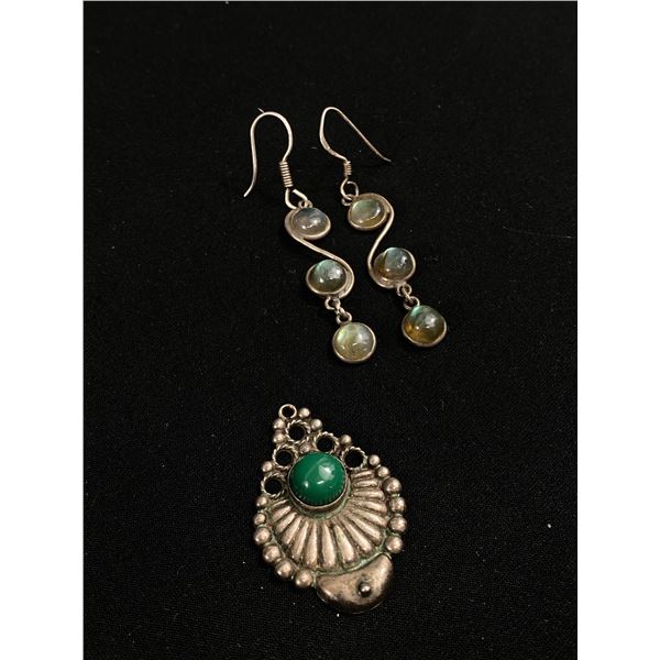 Nice Pair Of Triple Drop Sterlilng Earrings & Old Sterling Pendant (Green Stone)