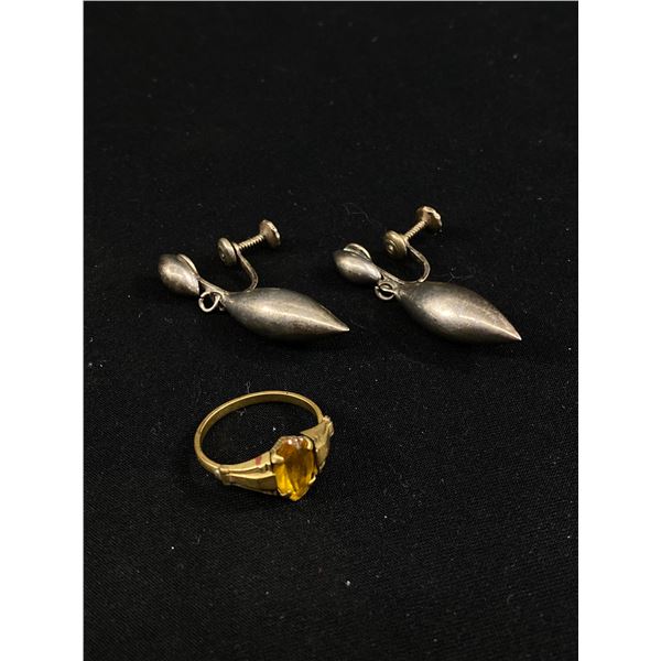 Nice Pair of Sterlilng Torpedo Earrings & 1930's Art Deco Gold Plated Ring