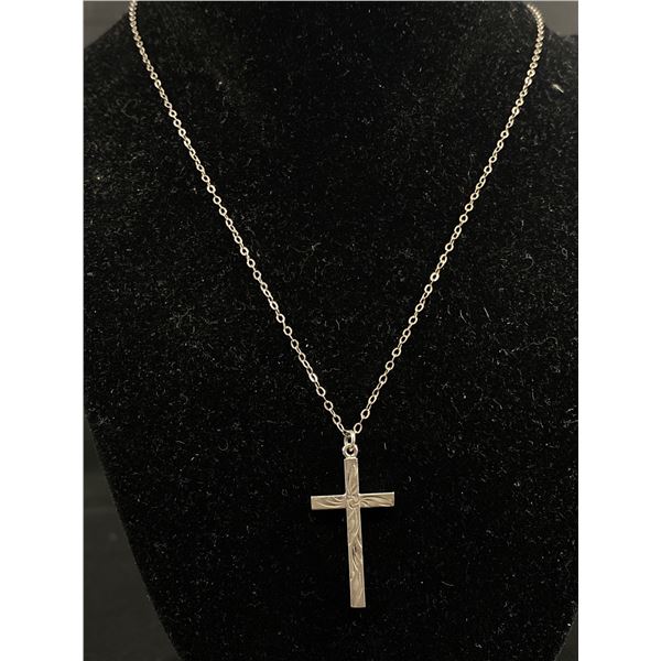 Vintage Sterling Silver Hand Engraved Cross Pendant w/Chain Necklace