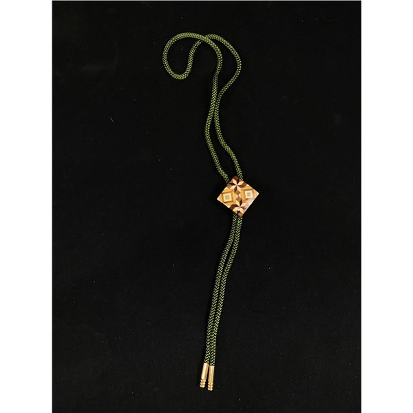 Hand Crafted Wood Inlay w/Green String Bolo Tie Exellent Condition. Just Like New