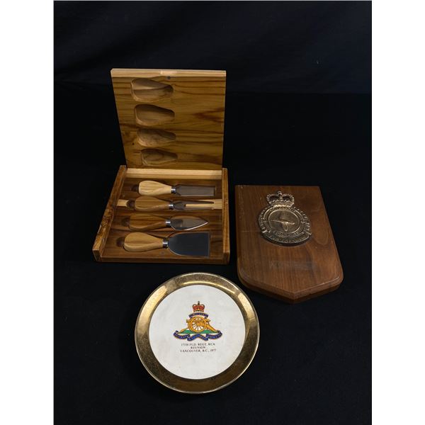 Cherokee, NS Wood Cheese Board w/ Tools, Squadron 408 Plaque & 17th Fld Regt.RCA Vancouver BC Reunio