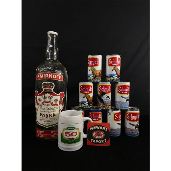 Vintage 6 2/3 Pints Smirnoff Vodka Bottle, Empty Schmidt Beer Cans & More