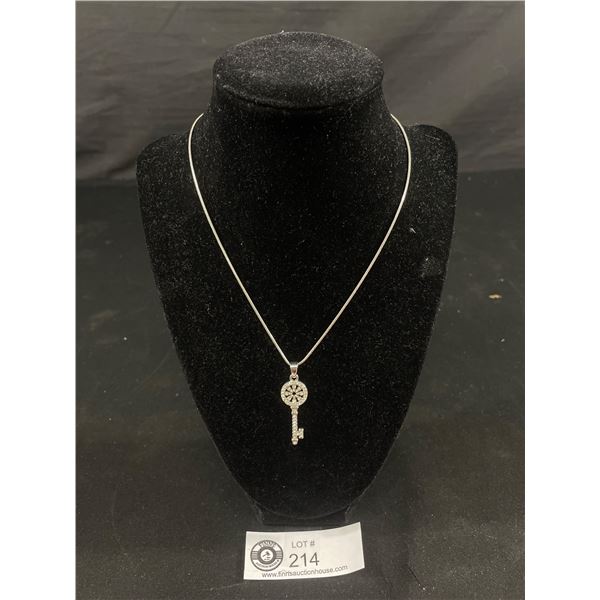 Lovely Silver w/White Stones Key Pendant & Chain Necklace