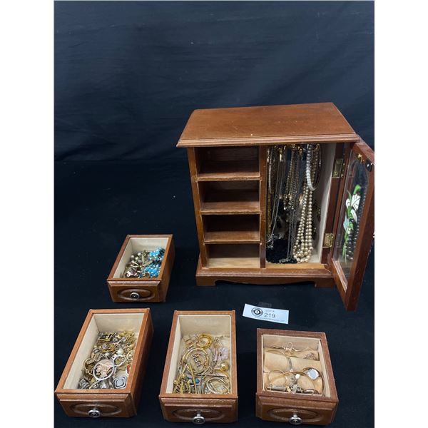 Vintage Wood Jewelry Case w/ Glass Door w/ Lot Of Misc. Estate Jewelry