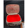 Image 3 : Vintage Silver Tone Jewelry Case, Footed, Original Patina, Vintage w/ Wood/ Silver Pendant Content