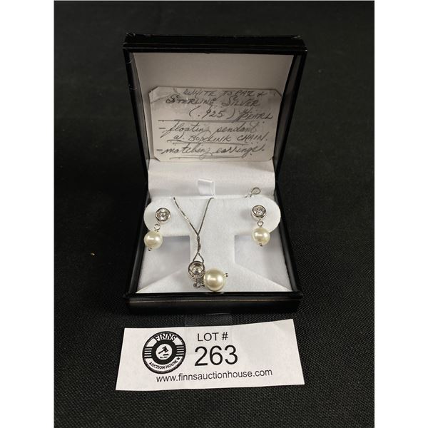 White Topaz & Sterling Silver .925 w/Pearl Earrings & Necklace Set