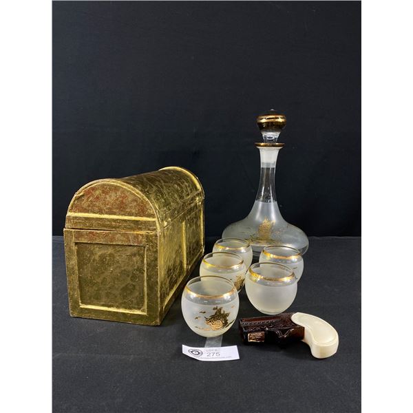 Vintage Glass Ships Decanter w/Matching Glasses, Gold Foil Trunk & Pistol Cologne Bottle