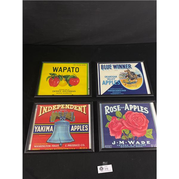 4 Vintage Framed Produce Labels. Approx.12  x 9 1/2 