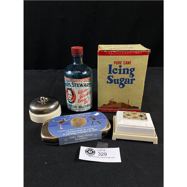 Misc Lot - Vintage BC Sugar Box, Mrs.Stewarts Bluing Bottle, & More