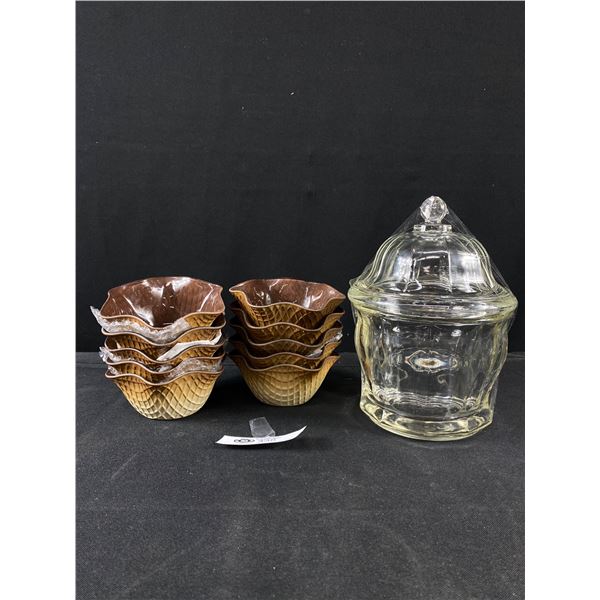 Vintage Glass Jar & 10 Glass Dessert/Sundae Bowls