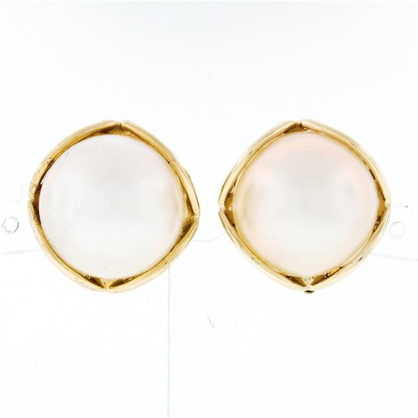 Vintage 14K Yellow Gold 16.5mm Mabe Pearl Open Wire Frame Button Omega Earrings
