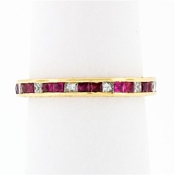 Vintage 18k Gold Channel French Ruby & Diamond Engraved Eternity Stack Band Ring
