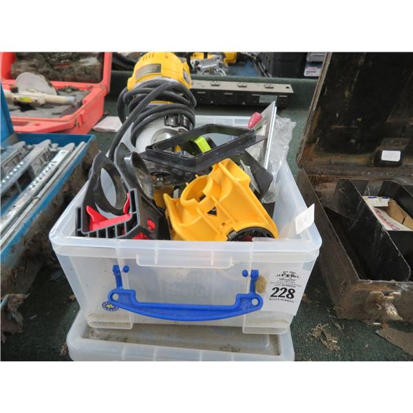 Dewalt Router, Pull Saws and Supplies In Bin