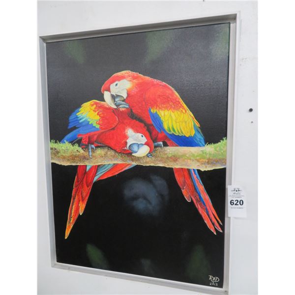 Framed Oil On Canvas of Parrots