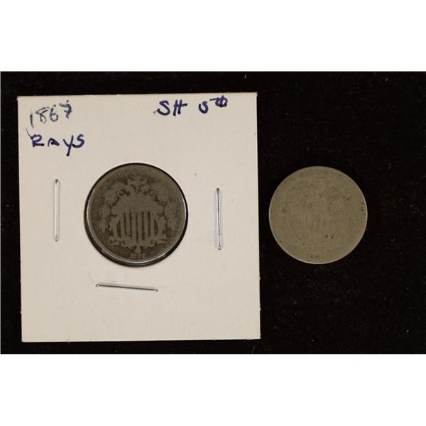 2 SHIELD NICKELS: 1867 NO RAYS & 1867 WITH RAYS