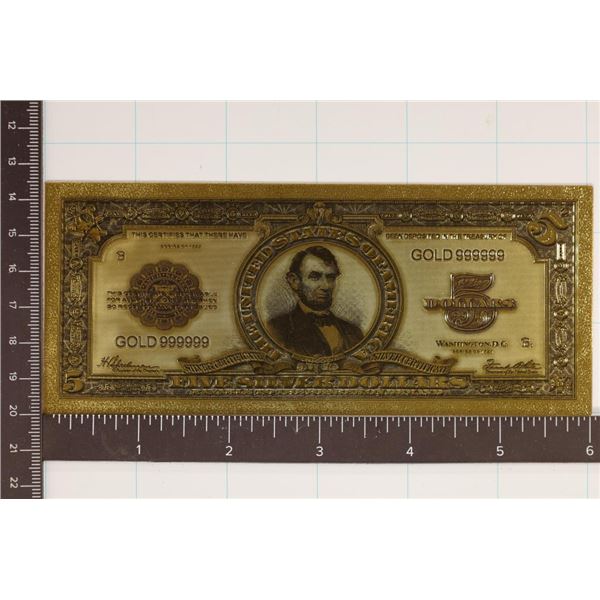 24KT GOLD FOIL REPLICA OF A 1929 US $5 BANK NOTE