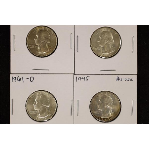 4-WASHINGTON SILVER QUARTERS: 1945, 1946, 1950-D,