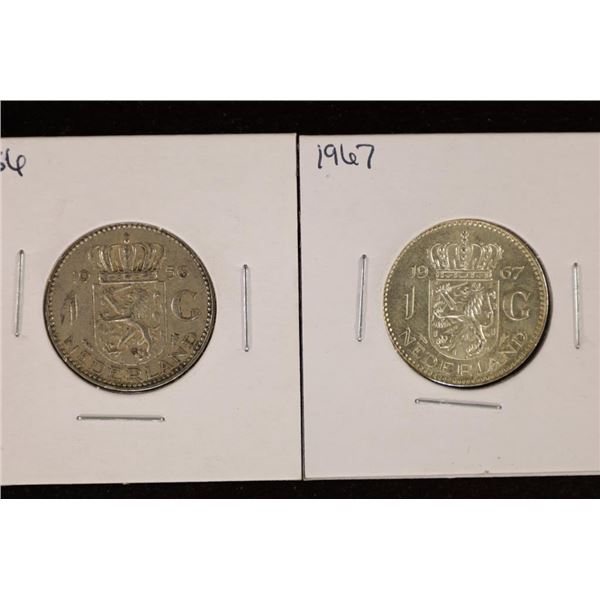 1956 & 1967 NEDERALNDS SILVER 1 GULDEN COINS