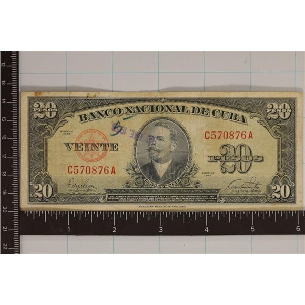 1949 CUBA 20 PESO BILL.   INK & STAMP ON OBVERSE