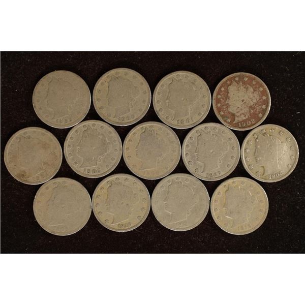 13-LIBERTY "V" NICKELS 1893 & 1900-1912