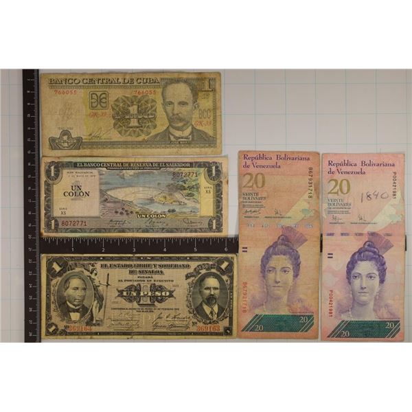 5 BILLS FROM VENAZUELA, EL SALVADOR , CUBA &