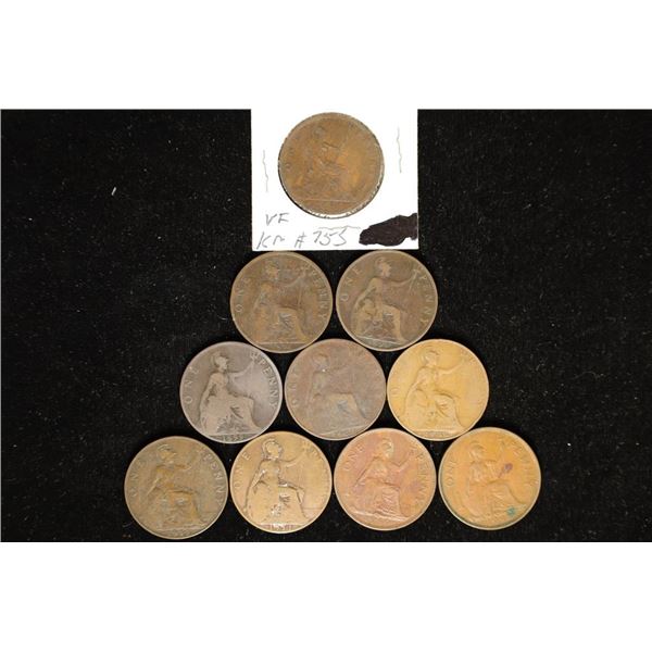 10-GREAT BRITAIN LARGE PENNIES: 1891, 1896, 1899,