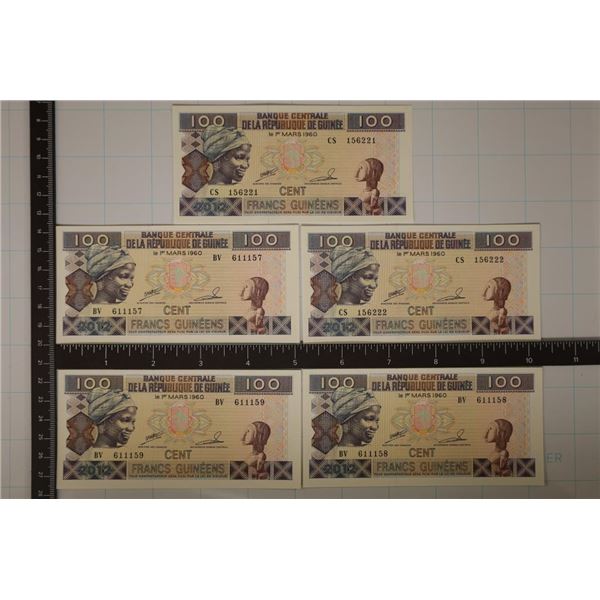 5 -1960 REPUBLIC OF GUINEE 100 FRANC BILLS. CU