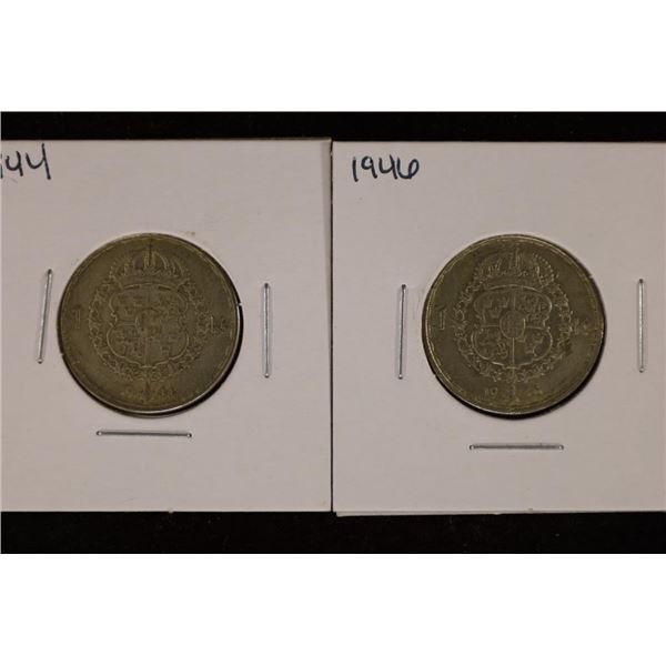 1944 & 1946 SWEDEN SILVER 1 KRONA COINS