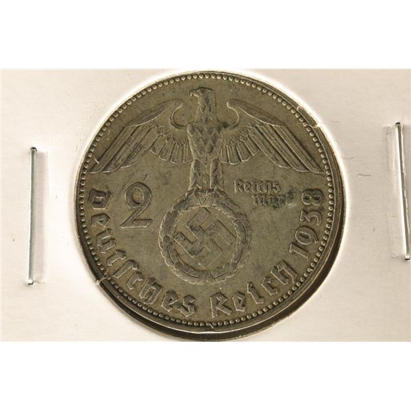 1938-J GERMAN SILVER 2 MARK WITH SWATSTIKA