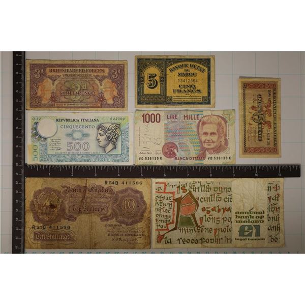 7 ASSORTED FOREIGN BILLS: 1989 IRELAND 1 POUND,