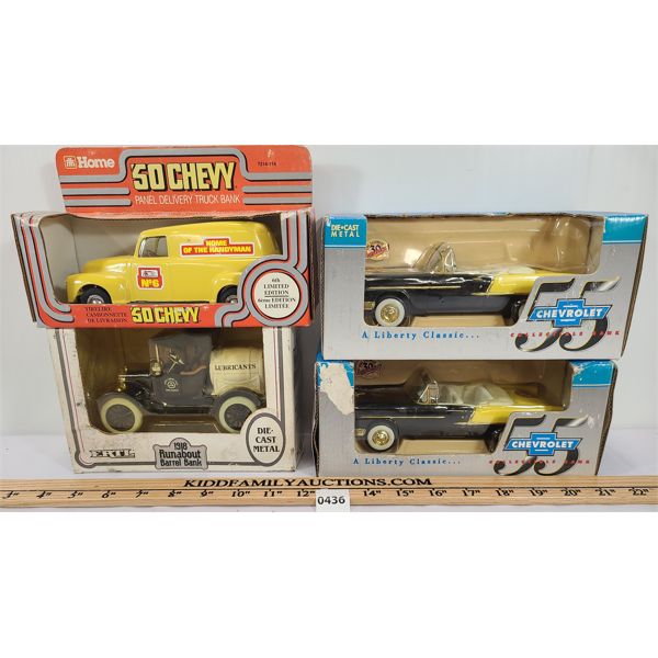 LOT OF 4 - DIECAST MODEL CARS - INCL ERTL 1918 RUNABOUT BARREL BANK ...