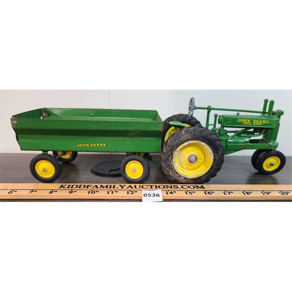 LOT OF 2 - JOHN DEERE DIECAST TRACTOR & PULL BEHIND HAY WAGON